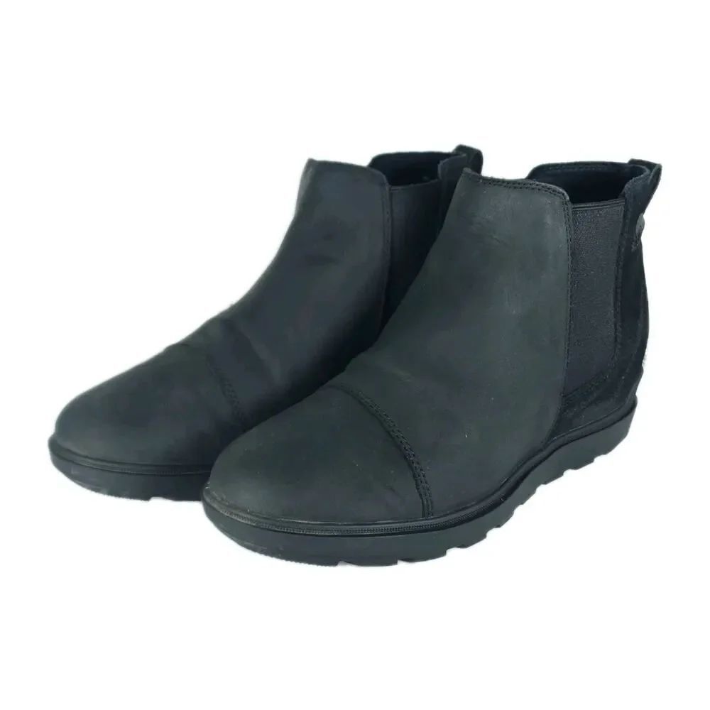 Sorel Women's Evie II US8,5 Black Leather Pull On Wedge Chelsea Ankle Boots